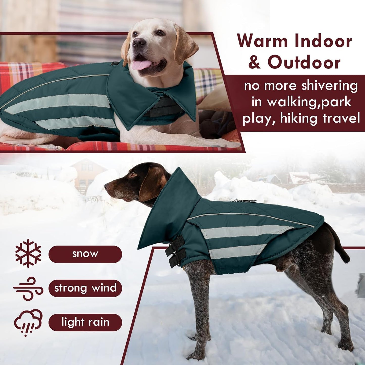 Dog Coat for Large Dogs Waterproof Winter Jacket with Harness Hole Turtleneck Hook & Loop Snowsuit Warm Fleece Dog Jacket for Cold Weather Windproof, Green XL