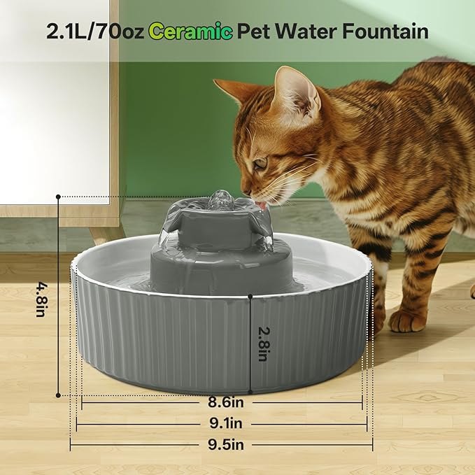 Ceramic Cat Water Fountain, 2.1L/70oz Porcelain Pet Drinking Dispenser with 4 Set Replacement Filter & Sponge, Automatic Dog Water Bowl with Ultra-Quiet Pump, Cat Feeding Watering Supplies(Grey)
