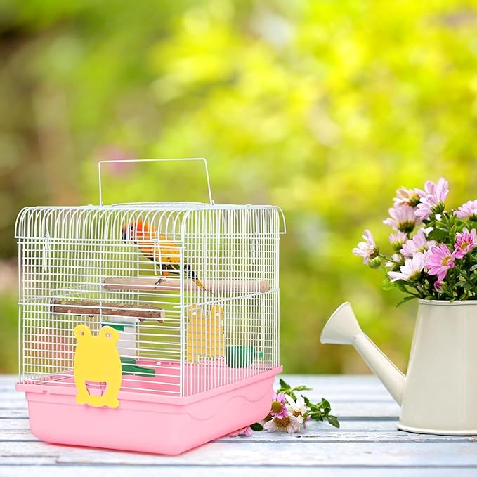 Small Bird Cage, Lightweight Travel Birdcages for Cockatiels - Cage Starter Kit with Stand Accessories for Parakeets Parrot Lovebirds Parrotlets Finches Canaries and More Small Animals, Pink