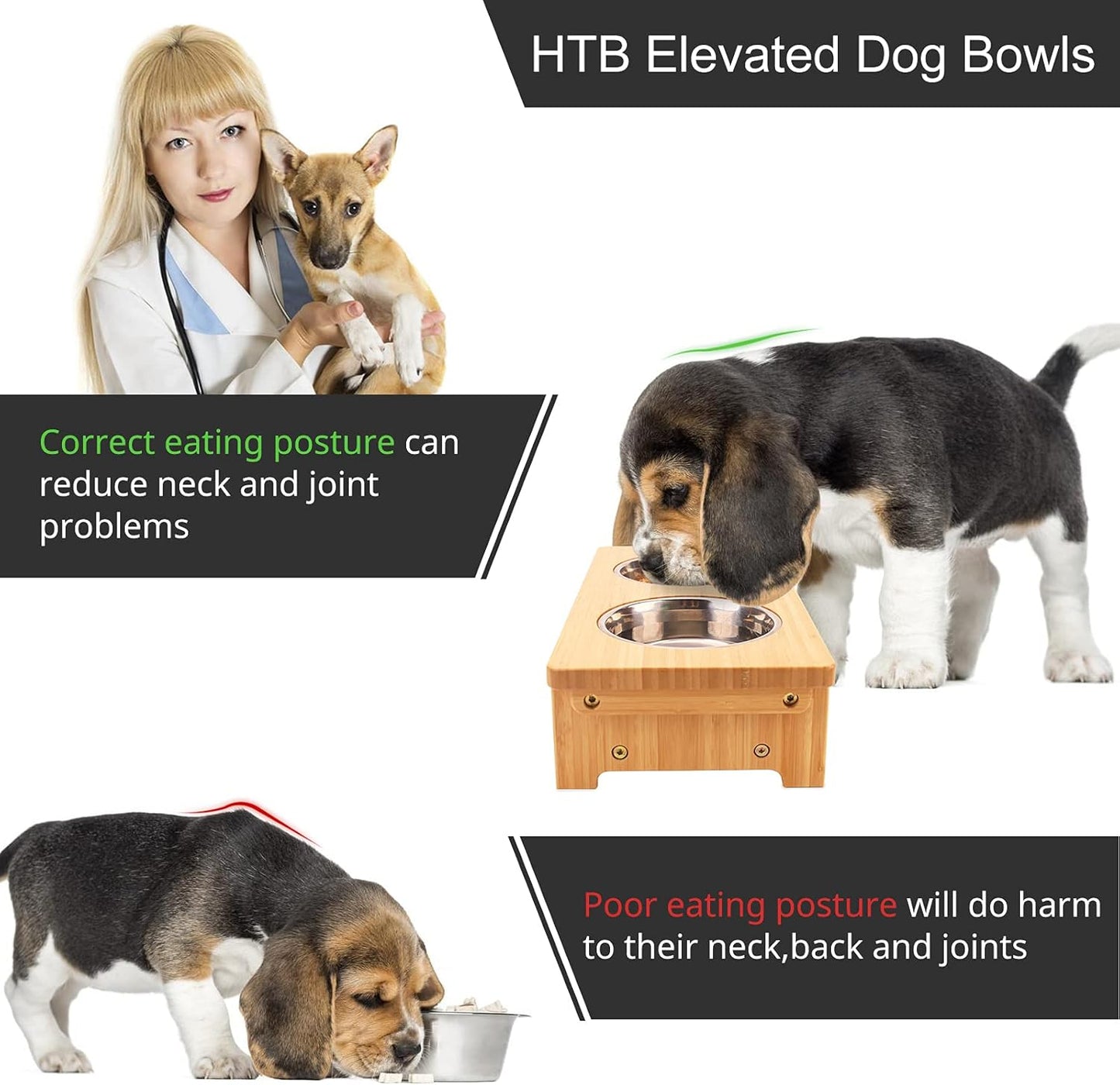 HTB Elevated Dog Bowls,Raised Dog Bowl Stand with 2 Stainless Steel Bowls, Elevated Raised Dog Bowls for Large Medium Small Sized Dogs