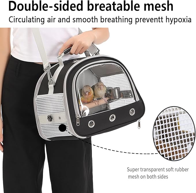 Bird Carrier,Bird Cage Parakeet Parrot Budgie Carrier Backpack for Small Birds, Travel Bird Cages with Perch, Transparent Ventilation Cockatiels, Lightweight Pet Carrier for Outdoor Use(Black)