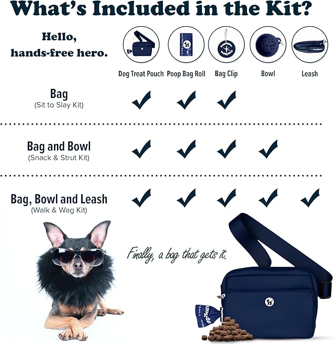 Puppington 3-in-1 Crossbody Dog Walking Bag & Treat Pouch with Matching Planet Safe Poop Bags & Built-In Dispenser - Zippered Pockets (Navy Blue)