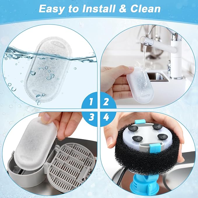 Cat Water Fountain Filter Replacement, 12 Pcs Cat Filters Pet Water Fountain Filter with 12 Pcs Sponges Foam for 67oz/2L & 108oz/3.2L Stainless Steel Automatic Cats Water Fountain Dispenser Filters