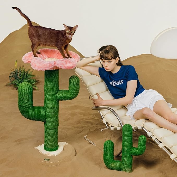 VETRESKA 41.3" Cat Scratching Post with Bed, Tall Cat Scratch Post for Indoor Cats, 2-in-1 Cat Tree Tower, Extra Large Sisal Cat Scratcher Durable Cat Scratch Tree Tower with Soft Cozy Fluffy Perch