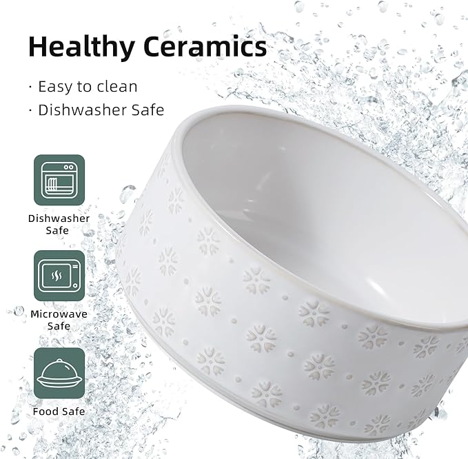 7.3inch Ceramic Raised Double Bowls Set with Acacia Wood Stand, Food & Water Bowls for Medium Breed Dogs, Weighted Dog Dishes, Pet Bowl(41OZ, Arctic White)