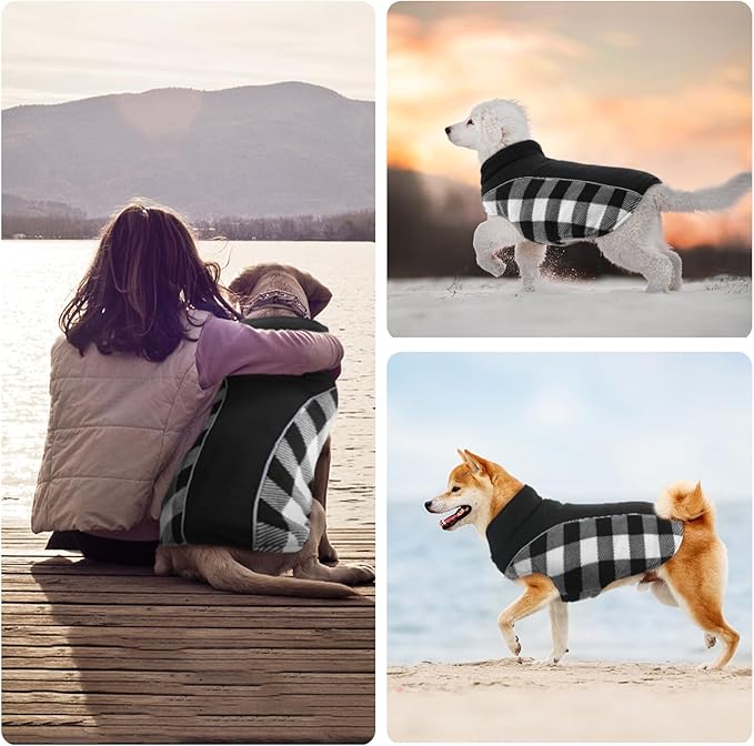 Kuoser Dog Winter Coat, Reversible Waterproof Dog Jacket with Reflective Strip, Warm Dogs Fleece Vest Adjustable Doggy Cold Weather Clothes Plaid Christmas Outfit Pet Apparel for Large Dogs, Black 2XL