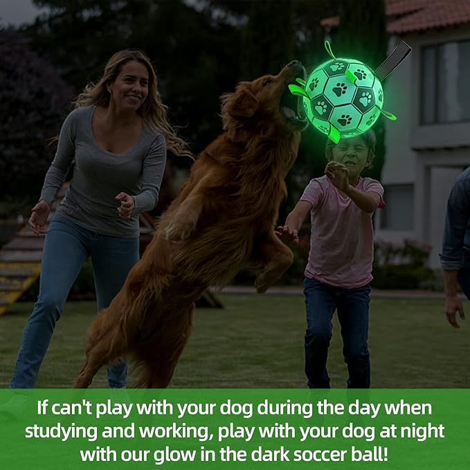 QDAN Dog Ball, Glow in The Dark Dog Toys, Light Up Soccer Ball for Dogs, Outdoor Dog Toys, Doggy Water Toy, Puppy Birthday Gifts for Medium Large (8 Inch)