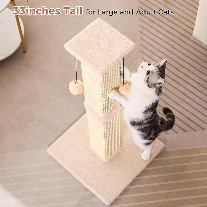Large Cat Scratching Post with Heavy Duty Base 33" Sturdy Square Sisal Scracher Post and 2 Interactive Hanging Balls for Big Cats-Beige