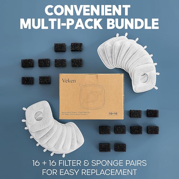 Veken Cat Water Fountain Filters, 16 Pack Replacement Filters & 16 Pack Replacement Pre-Filter Sponges Set for 50oz, 84oz, 95oz Automatic Pet Fountain Dog Water Dispenser