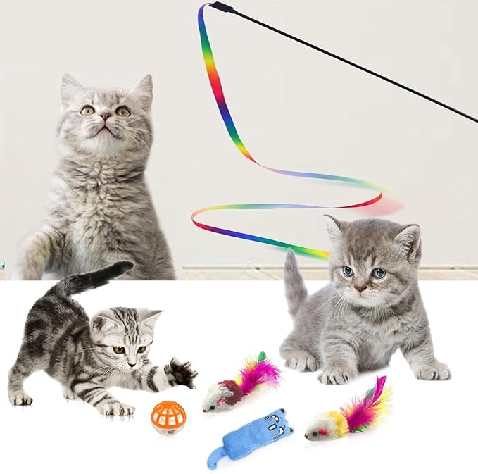 Kitten Starter Kit - 15 Piece Cat Essentials Set Includes Litter Box, Toys, Collars, Scratch Pad, Nail File, Automatic Feed Bowls, Grooming Gloves for Daily Life (Green)