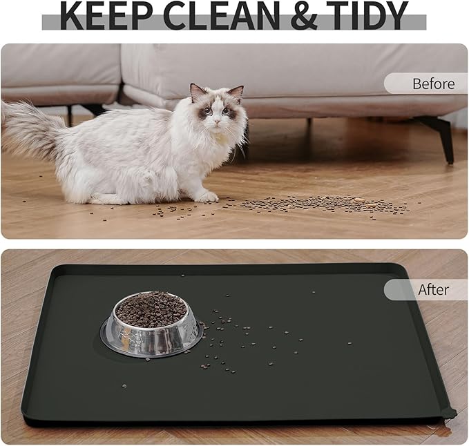 Waterproof Pet Feeding Mat with High Raised Edges, Heavier and Thicker Placemats for Cat Dog Water Bowl with BPA Free, Dogs Cats Food Mats for Messy Drinkers to Prevent Spill and Protect Floors