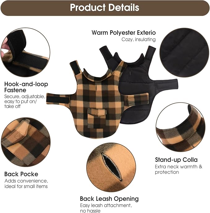 ASENKU Dog Winter Jacket Plaid Reversible Vest, Waterproof Dog Coat for Cold Weather, Perfect for Small to Large Dogs (Coffee, 3XL)