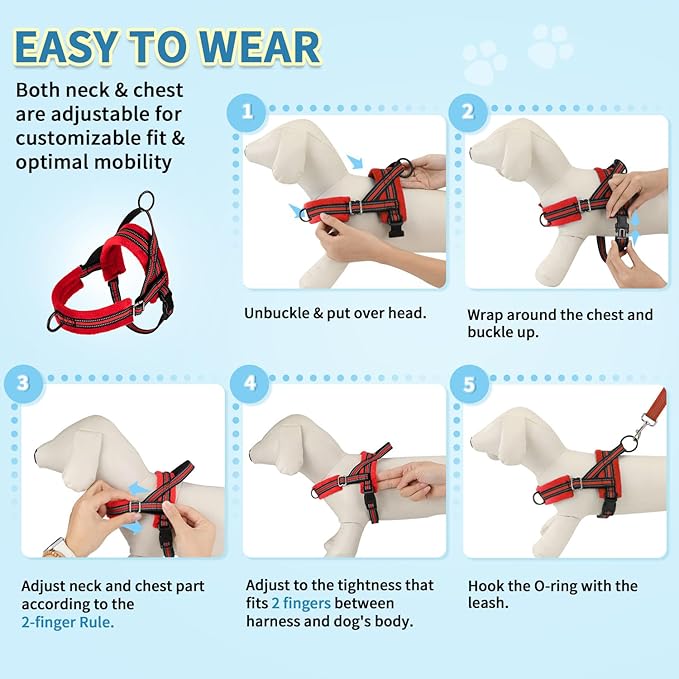 SlowTon No Pull Small Dog Harness and Leash Set, Puppy Soft Vest Harness Neck & Chest Adjustable, Reflective Lightweight Harness & Anti-Twist Pet Lead Combo for Small Medium Dogs (R-Front Clip,XXS)