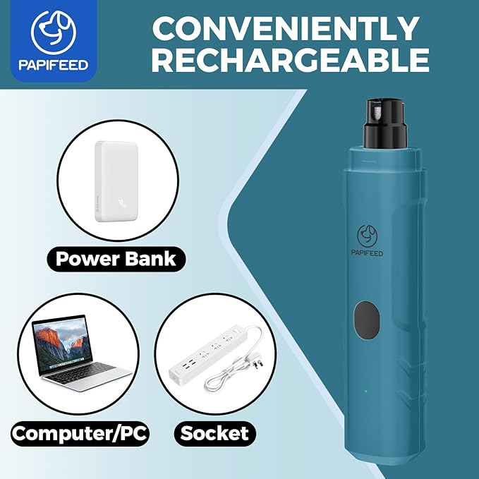 PAPIFFEED Dog Nail Grinder Upgraded with with Dog Nail Trimmers,2 LED Lights, 3-Speed Rechargeable & Quiet - Upgraded Electric Pet Nail Trimmer, Painless Paws Grooming Tool-Bule