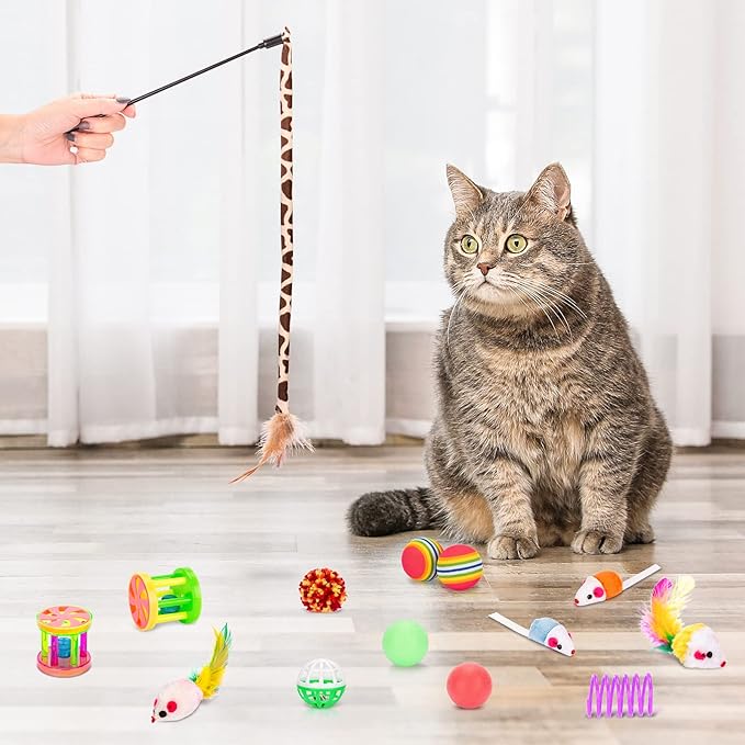 Retro Shaw Cat Toys Bundle 33 Pack, Interactive Kitten Toys for Indoor Cats Kitty with Collapsible Play Tunnel Tube Tent Feather Wand Teaser Bell Fuzzy Ball Springs Mouse Toy