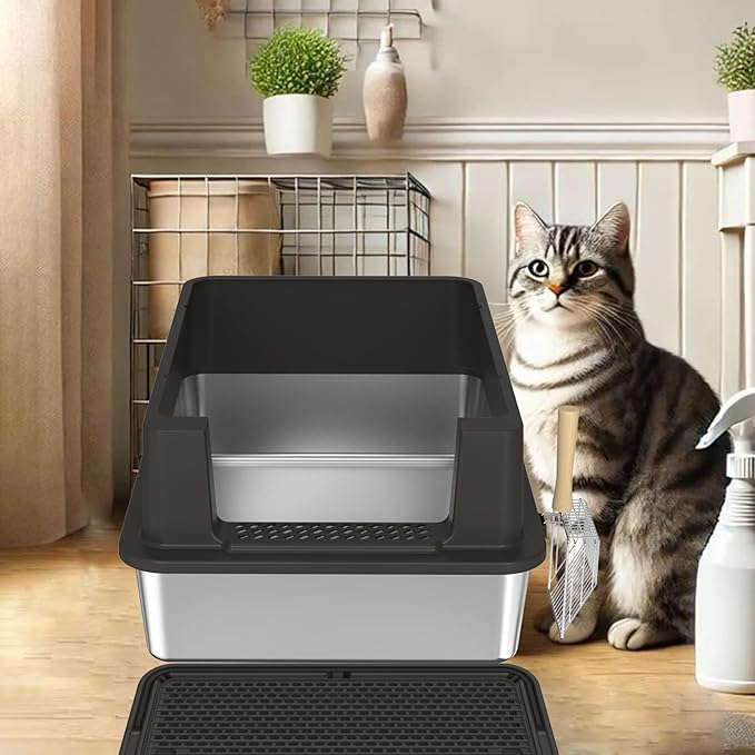 Stainless Steel Litter Box - 28" Extra Large XXXL Cat Litter Box with High Sides, Non-Sticky & Anti-Leakage for Big Cats/Multiple Cats, Includes Heavy Duty Metal Scoop (Black)