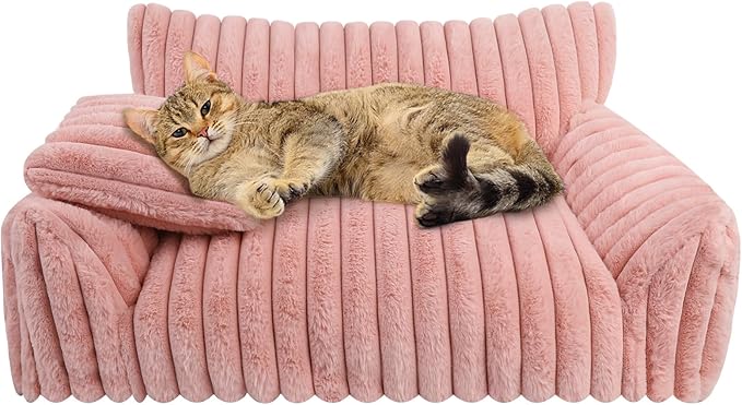Cute Cat Couch Bed for Indoor Cats, Fluffy Pet Cat Sofa with Premium Soft Corduroy Fleece, Cute Small Dog Beds for Small Dogs, Fuzzy Puppy Chair with Removable Washable Cover (24x18x10,Pink)