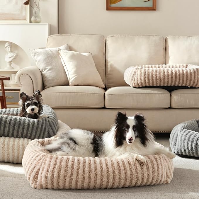 MIXJOY Dog Beds Large Sized Dogs, Washable Dog Bed with Removable Cover, Soft Rectangle Dogs Ded Fluffy Plush Faux Fur Pet Bed with Anti-Slip Bottom, 36"x27"x8", Beige