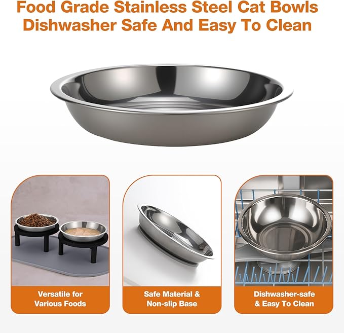 Elevated Cat Bowls with Food Mat,6.3 Inches Shallow Raised Bowls Whisker Friendly,2 Stainless Steel Cat Food and Water Dishes for Cats and Puppies,Dishwasher Safe(Black)