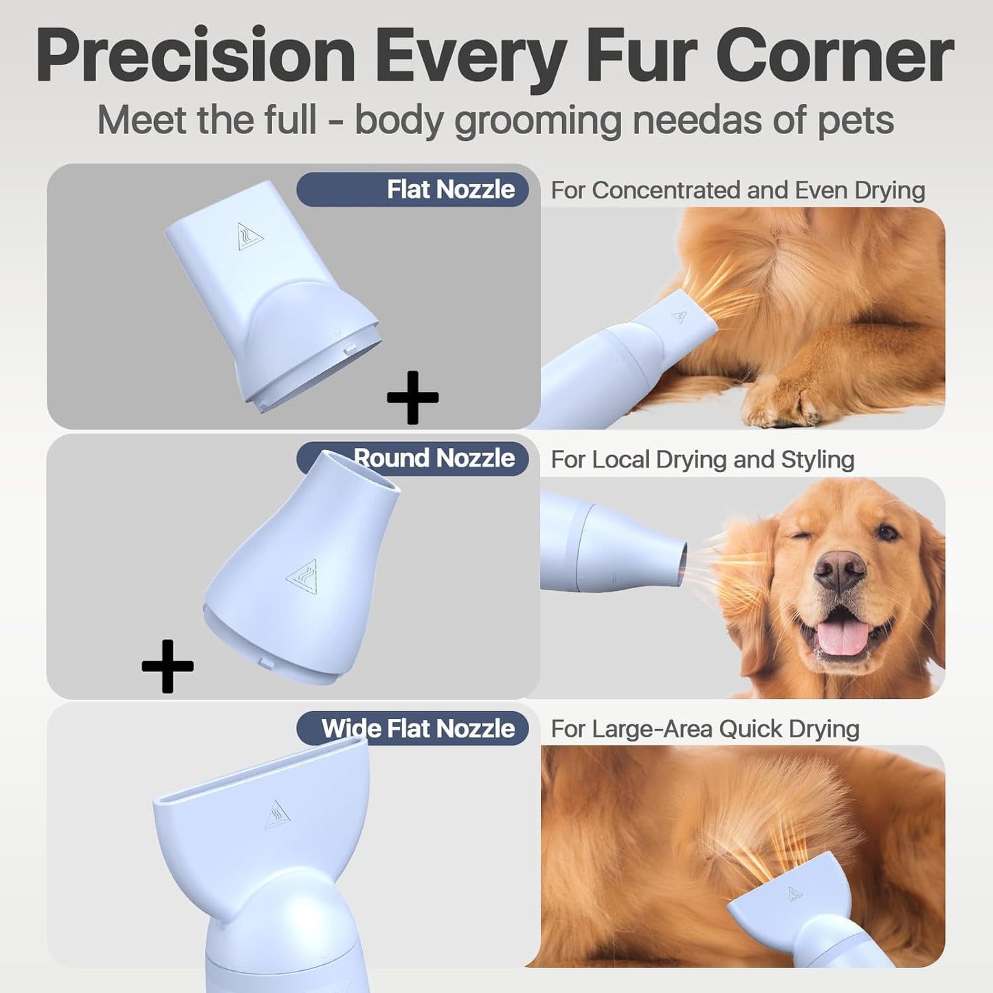 Dog Blow Dryer for Pet Grooming Handheld Lightweight Dog Cat Hair Dryer 3 Speeds 4 Temp, Portable 3HP High Velocity Pet Blower Quiet Dryer for Travel Campaign Home, with 3 Nozzles, Blue