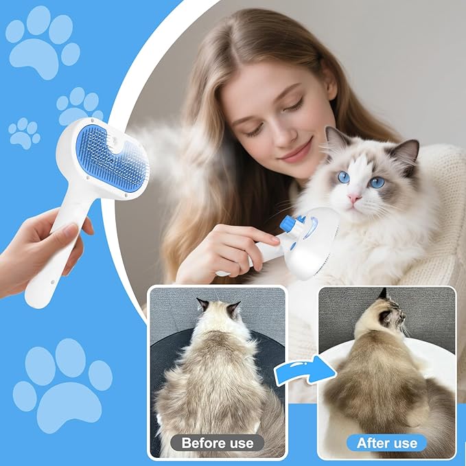 Pet Steam Brush for Dog & Cat - 3-in-1 Steam Grooming Brush for Shedding - Self Cleaning Spray Comb with Mist for Long Haired Pets - Includes Waterless Shampoo & undercoat rake, Blue