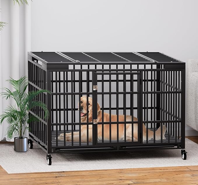 54 Inch Heavy Duty Dog Crate with Wheels,Indestructible Escape-Proof Dog Kennel with Locking Latch and Double Door,Extra Large XL XXL Crate Indoor for Large and Medium Dog with Removable Tray
