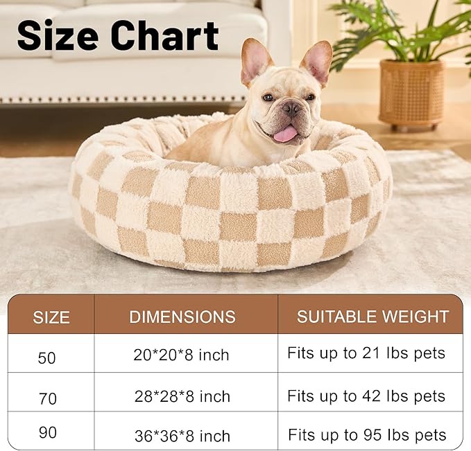 Dog Calming Beds for Small Medium Large Dogs - Round Donut Washable Puppy Dog Bed, Anti-Slip Faux Fur Fluffy Donut Cuddle Anxiety Cat Pet Bed (28" Grid)