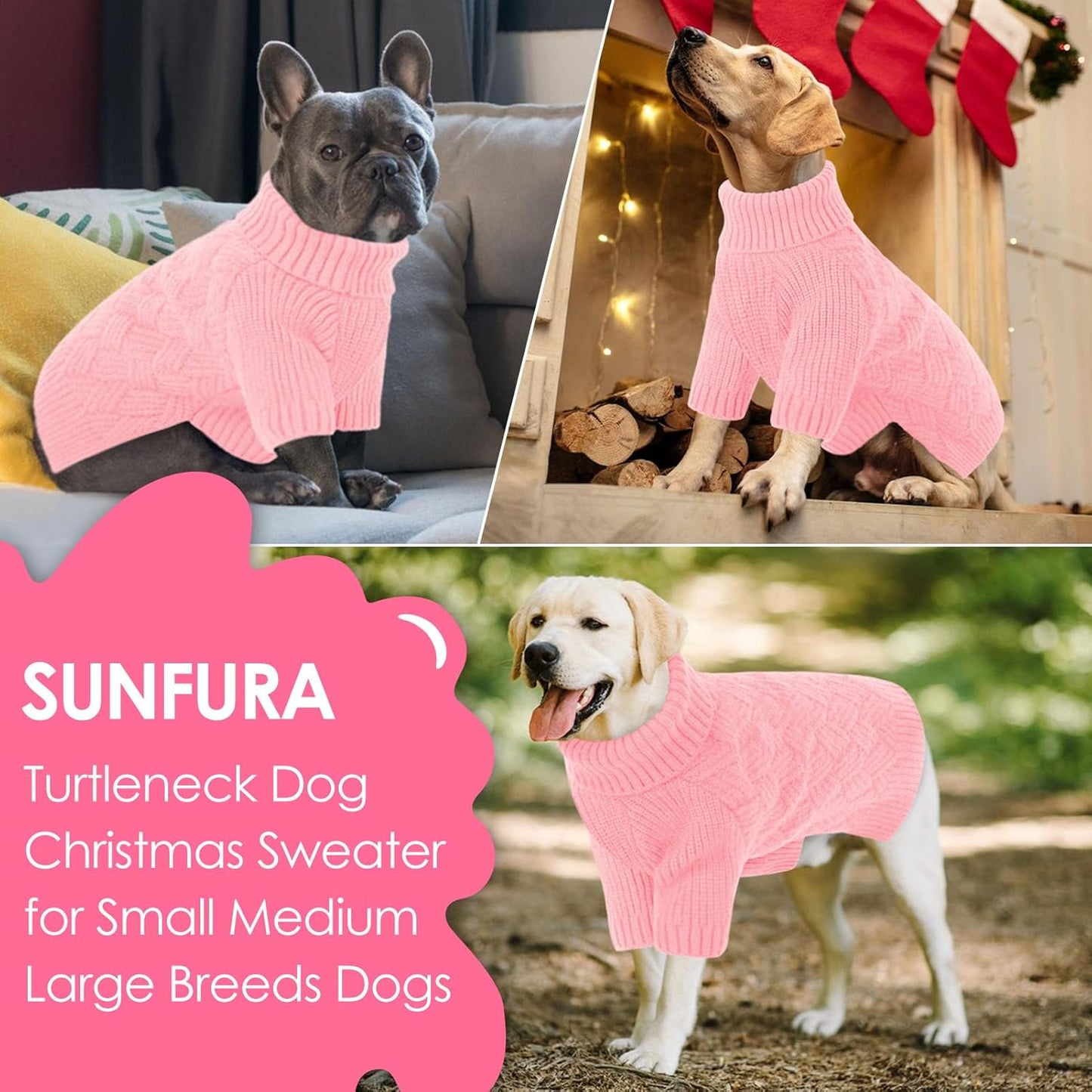 SUNFURA Dog Sweater Large Size Dog, XXL Pet Sweaters for Extra Large Dogs, Doggy Warm Turtleneck Christmas Sweatshirt Cold Weather Knit Pullover for Golden Retriever, Pink XXL