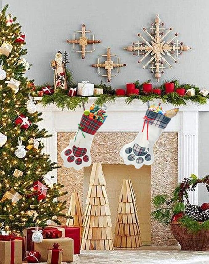 QBSM Cat Christmas Plaid Pet Paw Stockings with 26 Pcs Cat Toys for Cats and Kitten