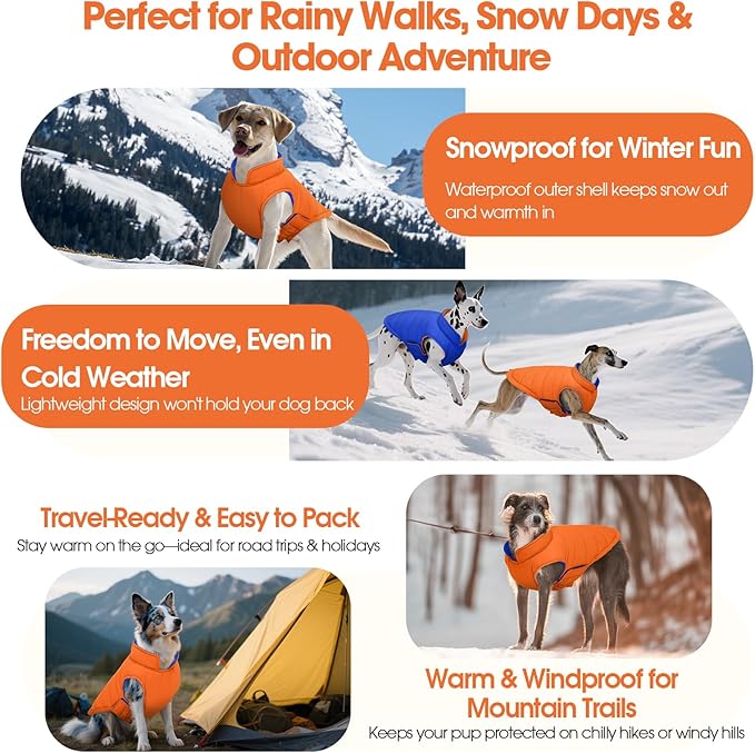 QBLEEV Reversible Dog Winter Coat, Warm Snowproof Dog Puffer Jacket for Large Dogs Cold Weather, Windproof Lightweight Padded Vest Snowsuit, 2-in-1 Adjustable Outdoor Clothes for Boxer, Orange, XXL