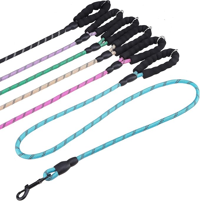 BEAUTYZOO Heavy Duty Rope Dog Leash 6 Pack, 6FT Nylon Pet Leash with Reflective Thread, Soft Padded Handle Thick Lead Leash for Large Medium Dogs Small Puppy, 1/2inch X 6 FT (18~120 lbs)