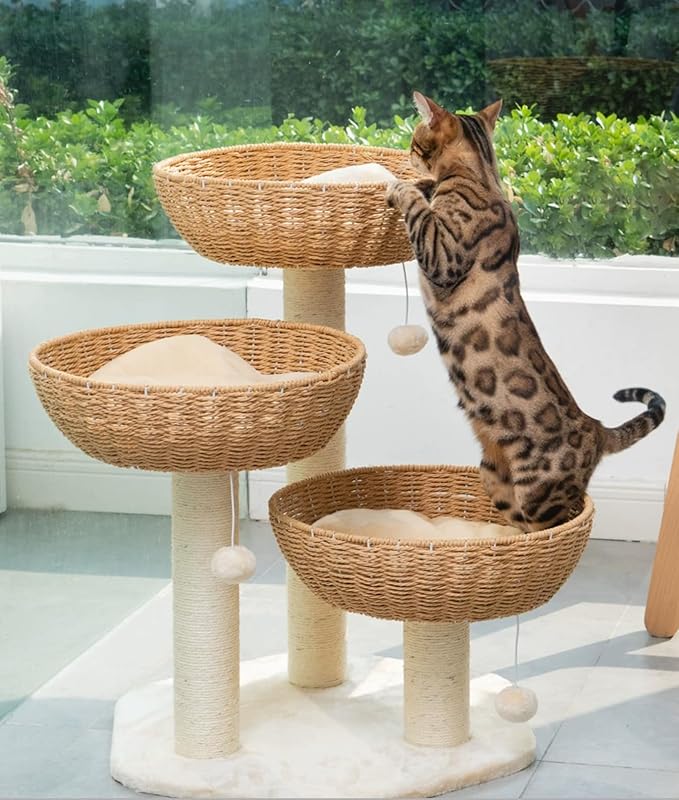 SHENGOCASE Cat Tree Tower with Rattan Wicker Basket, 3 Handwoven Large Nest Baskets Bed, Window Perch for Large Cats up to 20LBS
