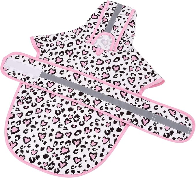 HDE Dog Raincoat Jacket Reflective Adjustable Hooded Pet Poncho Rain Coat with Leash Hole for Small to X-Large Dogs Leopard Hearts - L