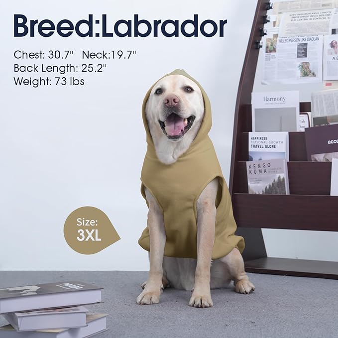 IECOii XXL Dog Hoodie for Large Dogs, Fleece Dog Sweatshirt for Large Breed Male Female Dogs,Pet Pouch Hoodie Winter Sweater Coat with Leash Hole, Warm & Lightweight Outfit for Pitbull, Khaki, 2XL