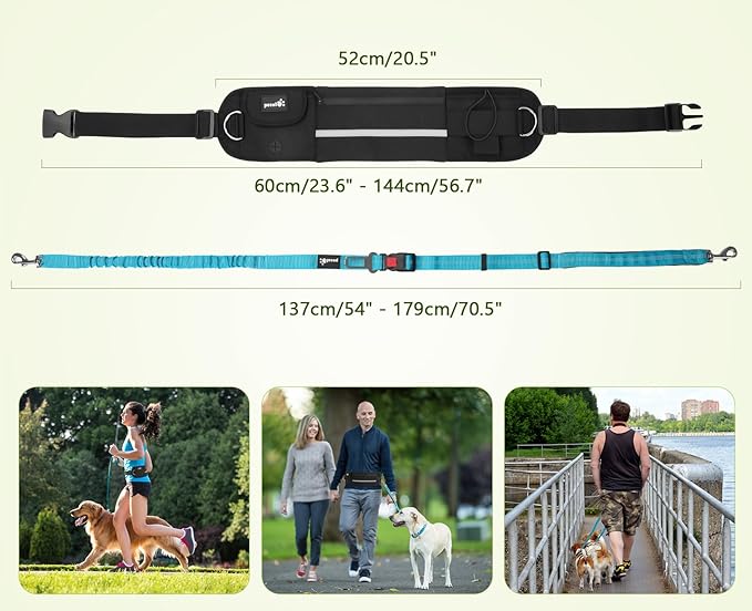 Pecute Hands Free Dog Leash with Pouch, Waist Belt Fanny Pack with Soft Padds, Dual Padded Handles and Durable Bungee for Walking, Hiking, Jogging Biking, and Running