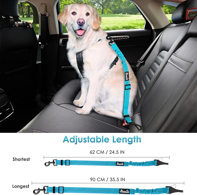 SlowTon Dog Seat Belt, Adjustable Dog Safety Belt Leash, 2 in 1 Latch Bar Attachment Dogs Car Seatbelt with Elastic Nylon Bungee Buffer, Reflective Nylon Belt Tether (TB,35.5in)