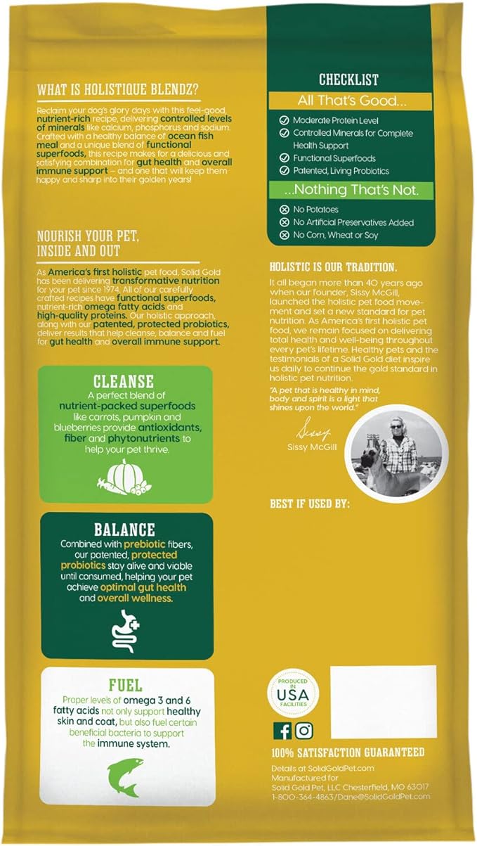 Solid Gold Dry Dog Food for Adult & Senior Dogs - with Whole Grains, Oatmeal, Pearled Barley, & Fish - Potato Free, High Fiber Adult Dog Food Dry Kibble for Sensitive Stomach & Immune Support – 4LB