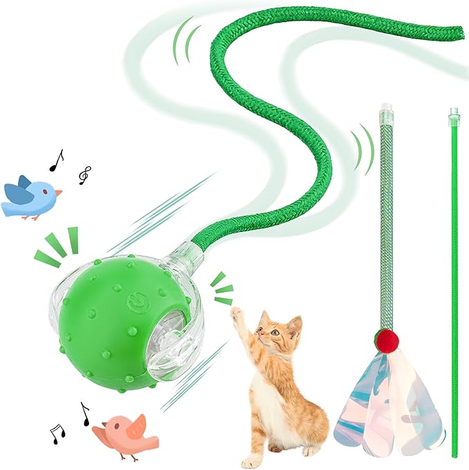 Interactive Cat Toys Ball for Indoor Cats, Automatic Agile Rolling Cat Ball with Elastic Mesh Tail, Bird Chirping & Motion Activated, 2 Tail Accessories, Kitten Toy for Bored (Green)