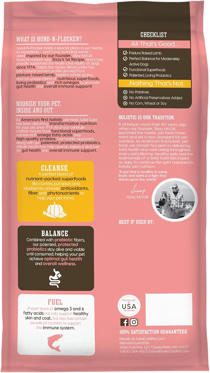 Solid Gold, Hund-N-Flocken, Dog Food Dry with Lamb, Rice and Omega 3 Fish Oil for Dogs, Probiotics, 24 LB