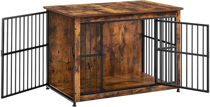 Feandrea Dog Crate Furniture, 38.6" Side End Table, Modern Kennel for Dogs Indoor up to 70 lb, Heavy-Duty Dog Cage with Enclosed Base, Double-Door Dog House, Rustic Brown UPFC023X01