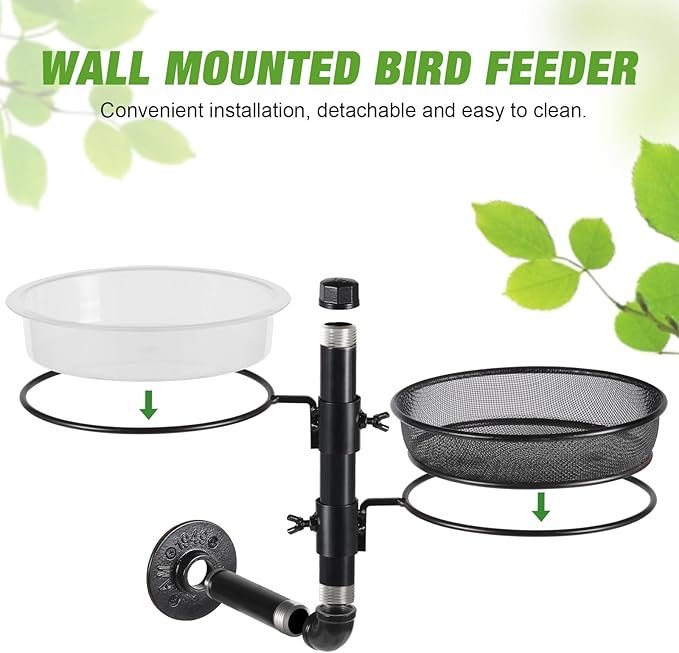 Urban Deco Wall Mounted Bird Feeder With Detachable Tray and 2 Water Bowls for Balcony, Yard, Fence, and Tree - Black