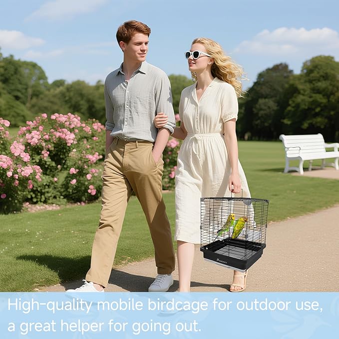 Small Bird Cage for Parakeets, Budgies & Canaries and More Small Birds - Lightweight Travel Birdcage & Bird Carrier with Handle, Stand, Removable Tray, Portable for Hanging, Outdoor Use, Black