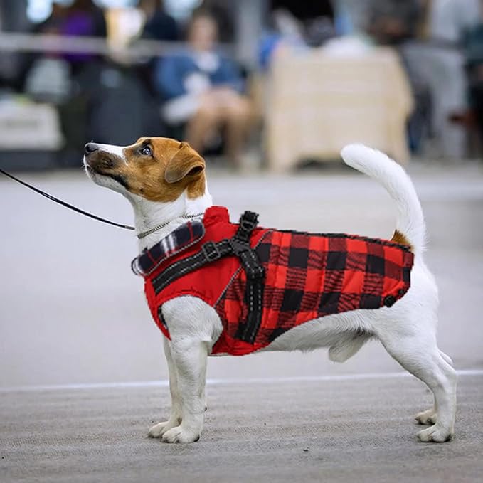 Dog Coat with Harness,Small Dog Winter Coat,Doggie Jackets with Built in Harness,Adjustable Warm Jacket for Medium Large Dogs,Pet Puppy Cold Weather Coats for Dogs Waterproof (PlaidRed, Small)