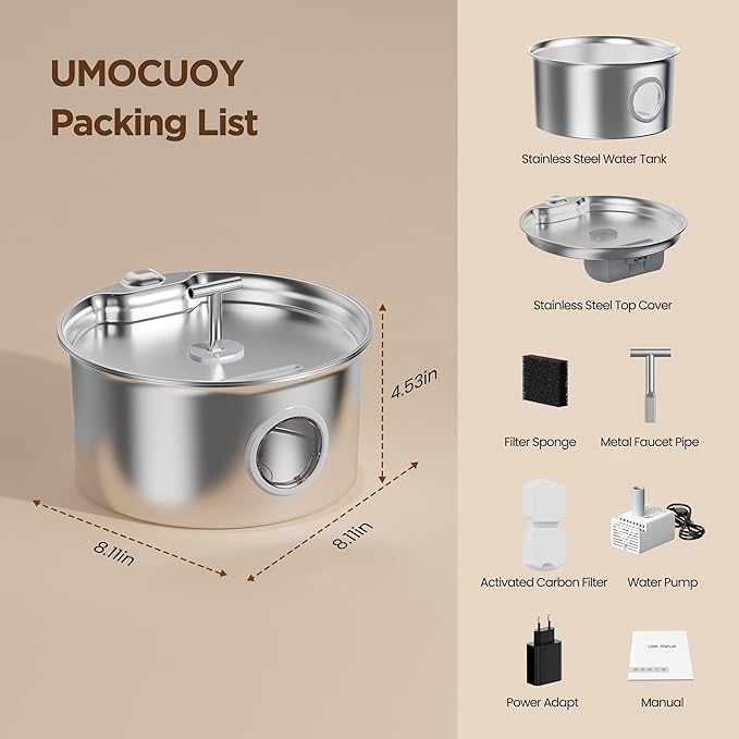 Cat Water Fountain Stainless Steel: 2.6L Cat Fountain for Drinking - Pet Water Fountain for Cats Indoor - Automatic Pet Water Dispenser Bowl - Best Auto Feeding Supplies Gift for Small Dog Large Kitty