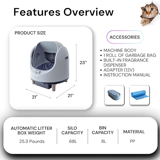 Open-Top Self Cleaning Litter Box, 68L Large Capacity for Multi Cats - Automatic Litter Box New Gray Design with App Control & Fragrance Dispenser for a Fresh Home