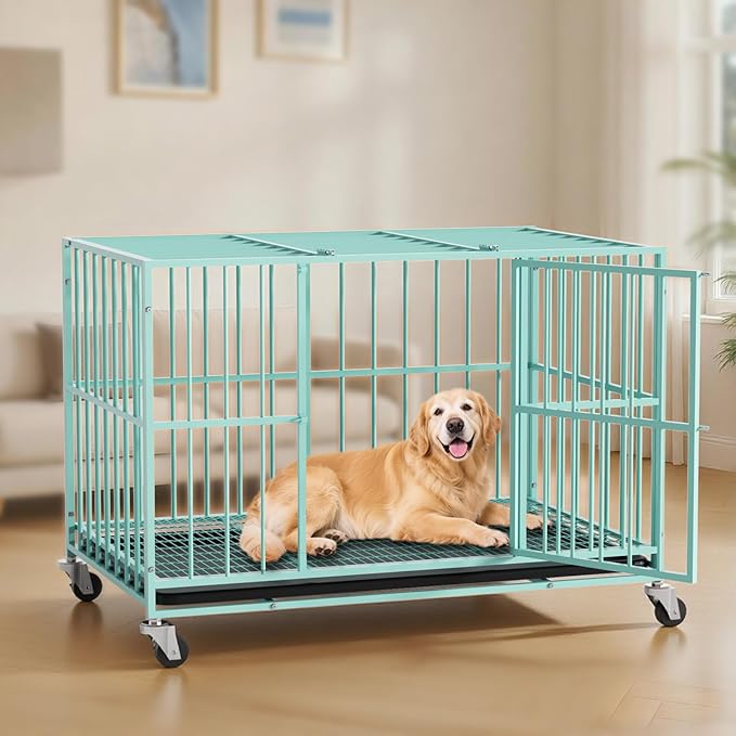 48 in Green Heavy Duty Dog Crate Steel Escape Proof, Indoor Double Doors and Lockable Wheels,Removable Tray, for Dog Breeds,XL,XXL