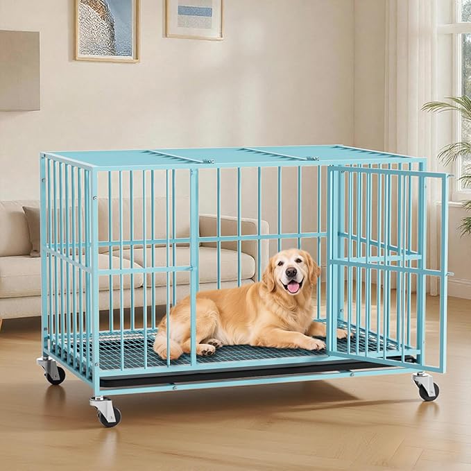 48 in Blue Heavy Duty Dog Crate Steel Escape Proof, Indoor Double Doors and Lockable Wheels,Removable Tray, for Extra Dog Breeds,XL,XXL