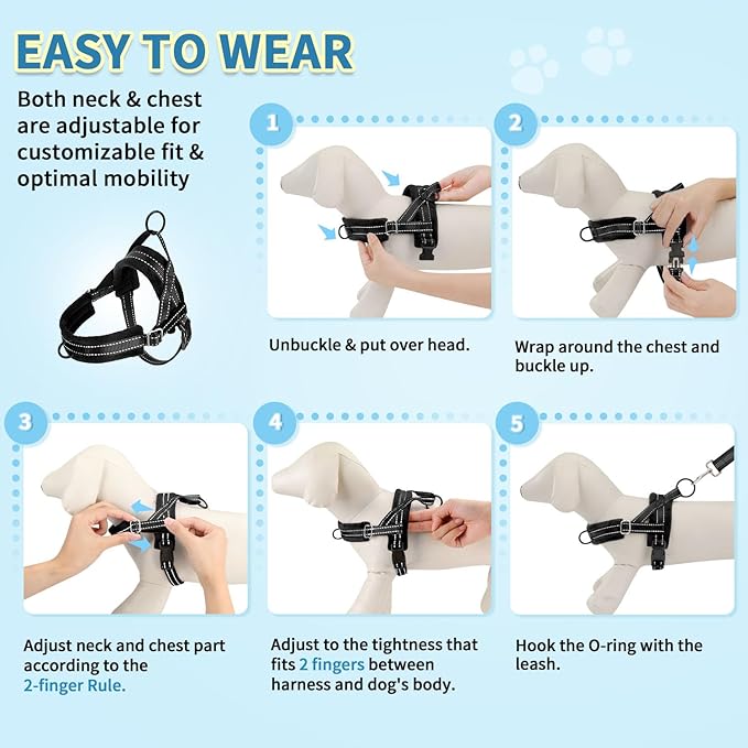 SlowTon No Pull Small Dog Harness and Leash Set, Puppy Soft Vest Harness Neck & Chest Adjustable, Reflective Lightweight Harness & Anti-Twist Pet Lead Combo for Small Medium Dogs (Black, XXS)