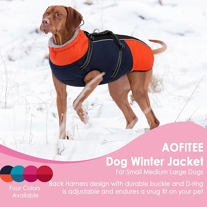 AOFITEE Small Dog Coat, Waterproof Dog Winter Jacket with Harness Built in, Warm Fleece Lined Dogs Jacket for Cold Weather, Reflective Pet Snow Jackets with Zipper for Yorkshire, Schnauzer,Blue S