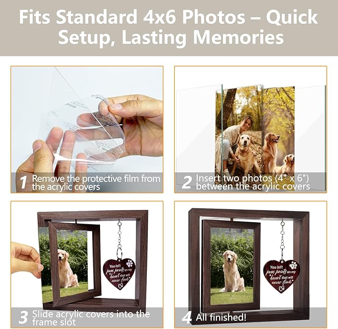 Dog Memorial Gifts for Loss of Dog, Pet Memorial Gifts for Dogs Cats - Rotating Wooden Picture Frame for 4x6 Photos, Pet Loss Remembrance Bereavement Keepsake